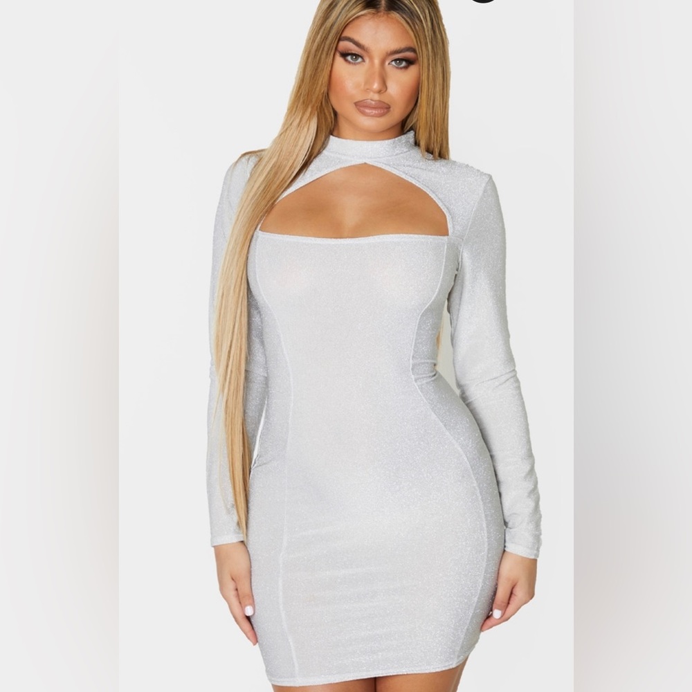 PLT Grey Glitter Long Sleeve Cutout Mini Party Dress